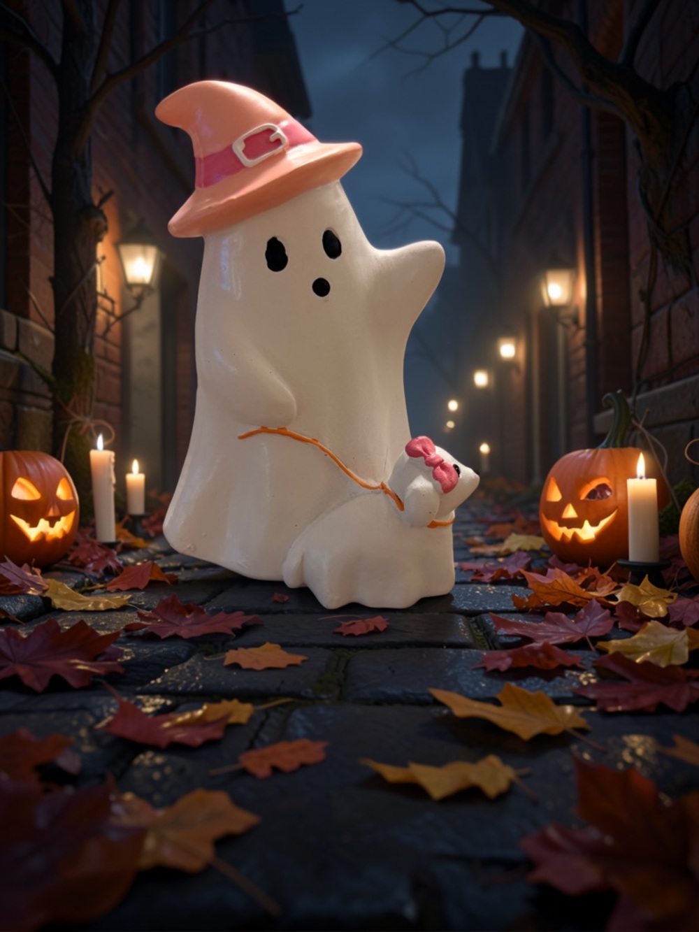 🩷🎀🐶NWT Halloween Ghost Ceramic Figure with Pink Hat & Dog With Bow 🩷🎀🐶